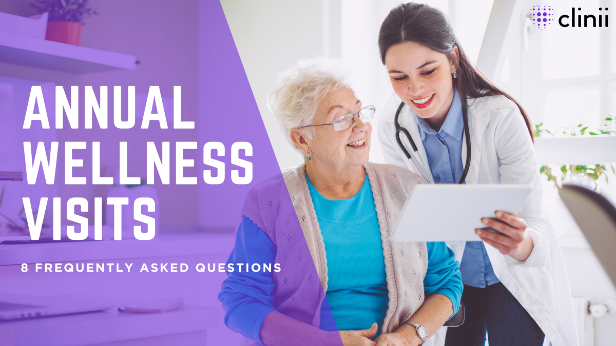Annual Wellness Visits (AWV) promotional image showing a smiling doctor reviewing health information on a tablet with a senior patient, highlighting preventive care and patient engagement.