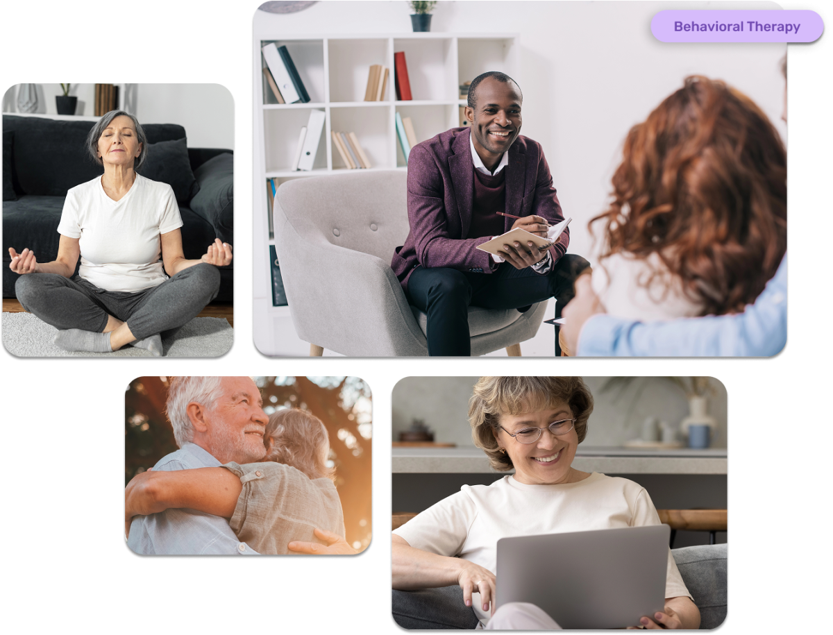 Behavioral Health Integration (BHI) collage showing mindfulness meditation, therapy session, emotional support between family members, and a patient engaging in online care.