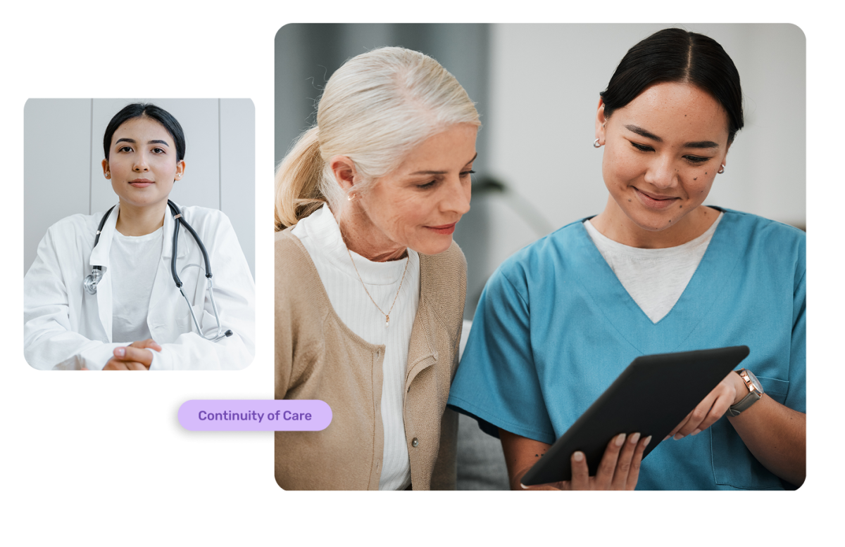 Transitional Care Management (TCM) concept showing a doctor providing consultation and a nurse reviewing care instructions on a tablet with a patient to ensure smooth post-discharge care continuity.