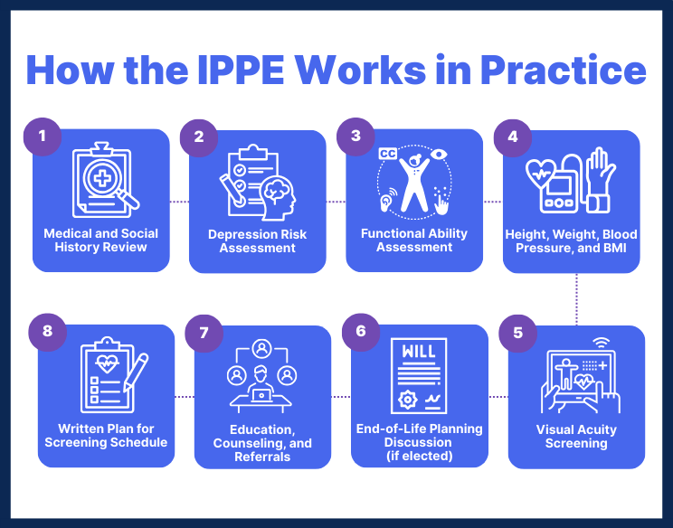 Infographic explaining how the Initial Preventive Physical Examination (IPPE) works in practice: medical and social history review, depression risk assessment, functional ability assessment, vitals including height, weight, blood pressure, BMI, visual acuity screening, end-of-life planning if elected, education and counseling with referrals, and a written screening schedule.