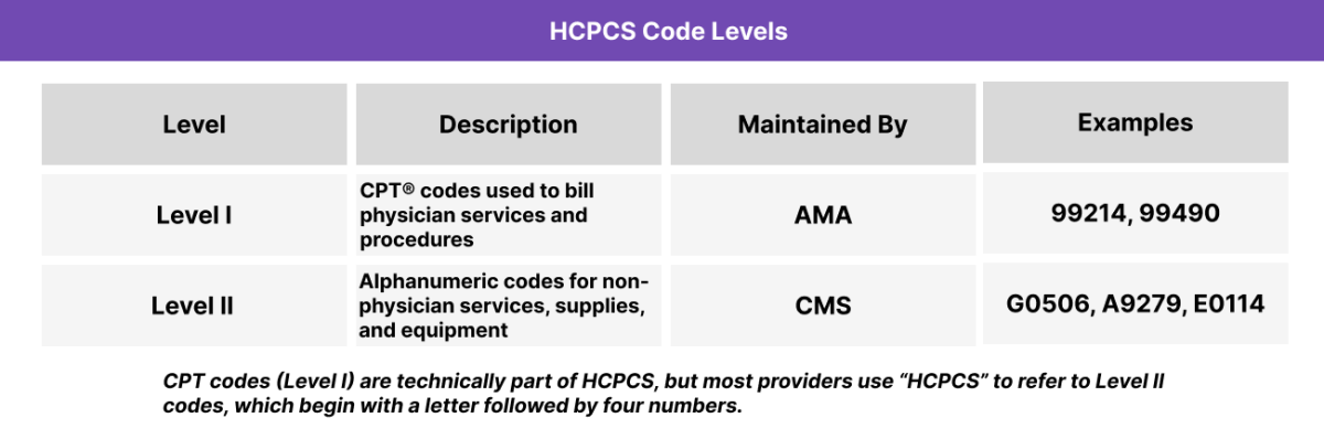 A four-column table titled “HCPCS Code Levels Explained.” The first row describes Level I as CPT codes for physician services and procedures, maintained by the American Medical Association, with examples like 99214 and 99490. The second row describes Level II as alphanumeric codes for non-physician services, supplies, and equipment, maintained by CMS, with examples like G0506, A9279, and E0114.