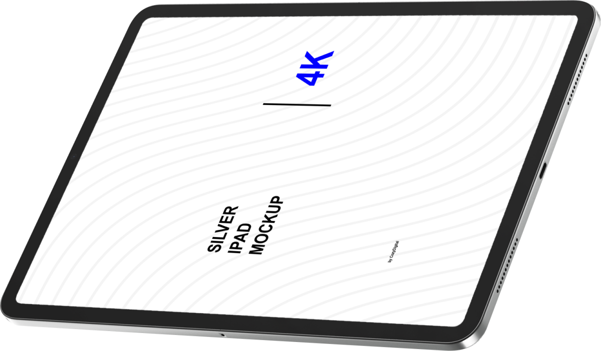 Angled silver iPad mockup with customizable screen displaying "4K" and "Silver iPad Mockup" on a light wavy background.