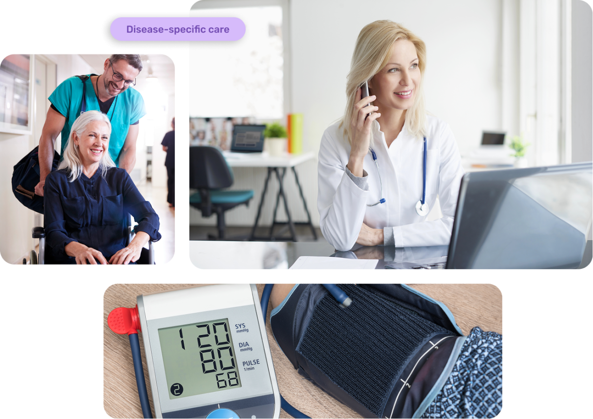 Personalized Care Management (PCM) collage showing a provider assisting a smiling patient in a wheelchair, a female doctor consulting on the phone, and a close-up of a digital blood pressure monitor.