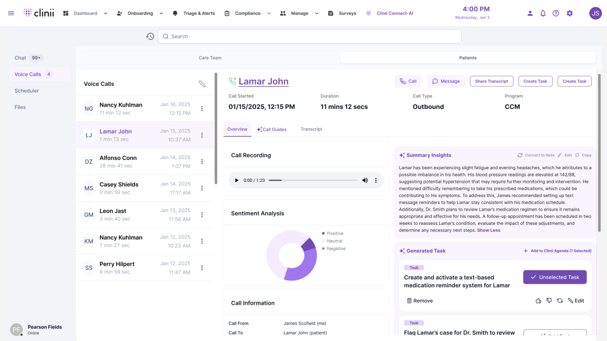 Clinii Connect-AI desktop view showing voice call details, call recording, sentiment analysis, summary insights, and generated tasks for patient care management.