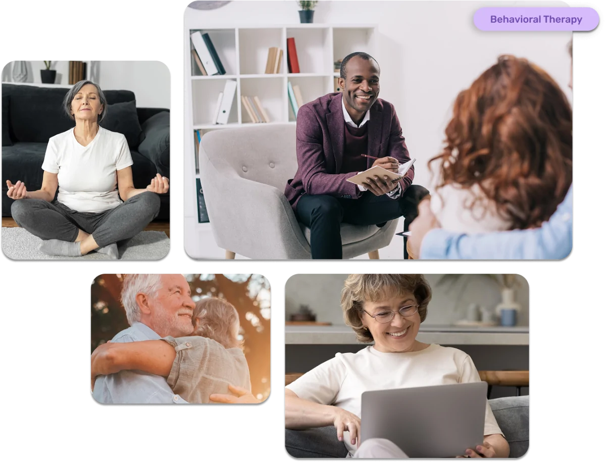 Behavioral Health Integration (BHI) collage showing mindfulness meditation, therapy session, emotional support between family members, and a patient engaging in online care.