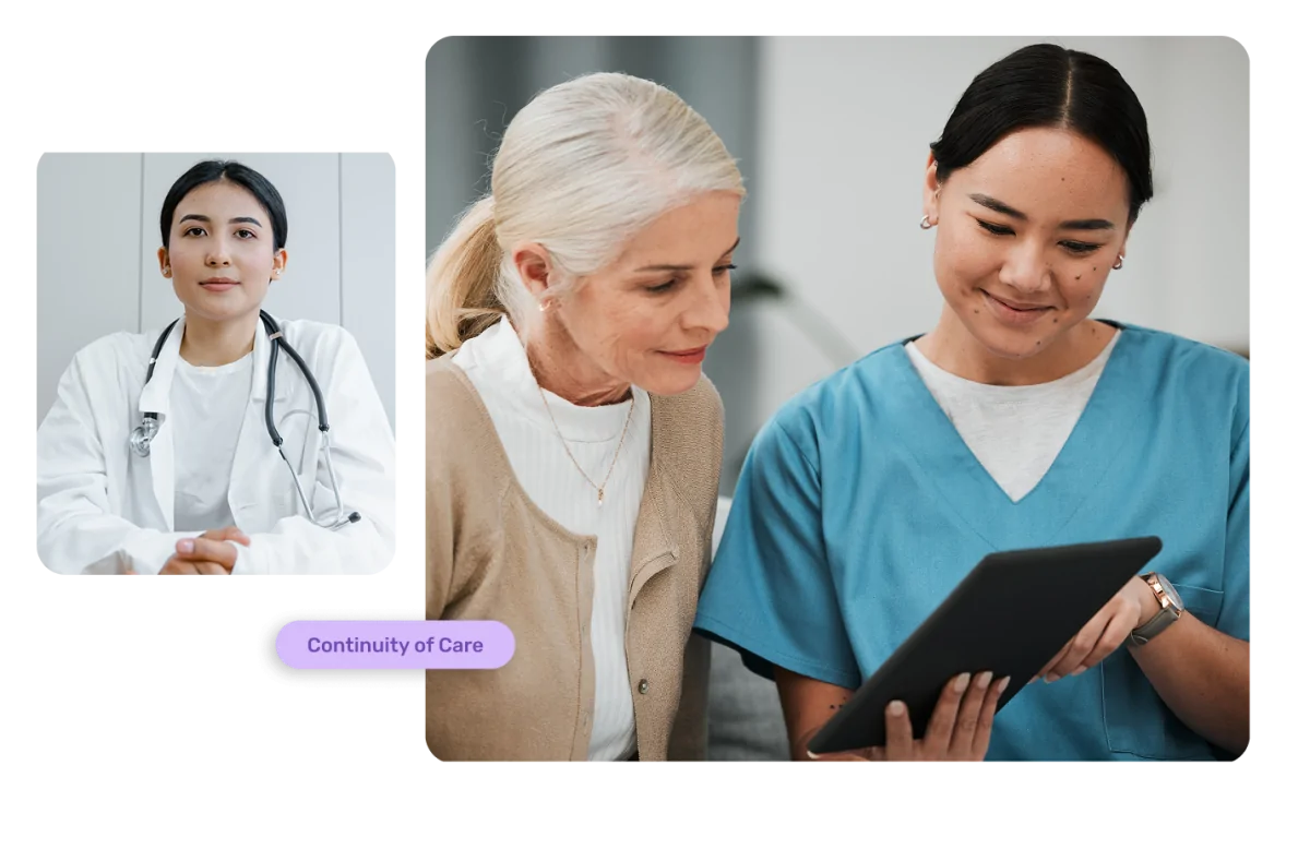 Transitional Care Management (TCM) concept showing a doctor providing consultation and a nurse reviewing care instructions on a tablet with a patient to ensure smooth post-discharge care continuity.