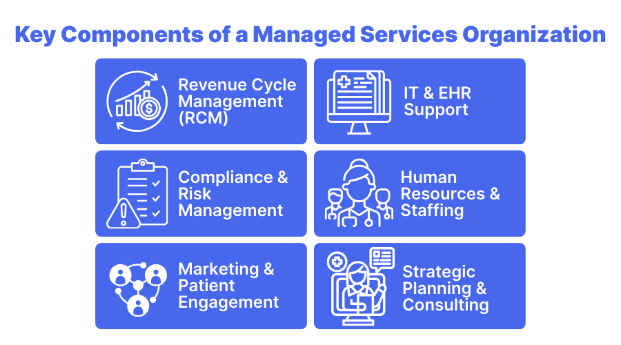 Infographic showing key components of a Managed Services Organization (MSO): revenue cycle management (RCM), IT and EHR support, compliance and risk management, human resources and staffing, marketing and patient engagement, and strategic planning and consulting. Visual guide to MSO services in healthcare practice management.