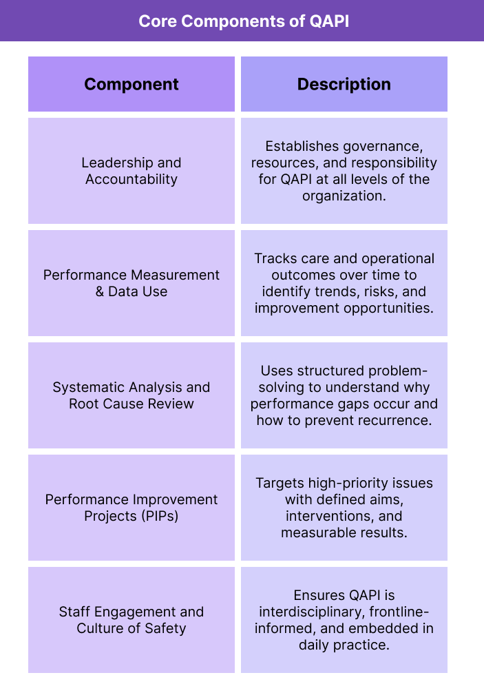 Table summarizing the core components of a QAPI program and the role each component plays in continuous quality improvement.