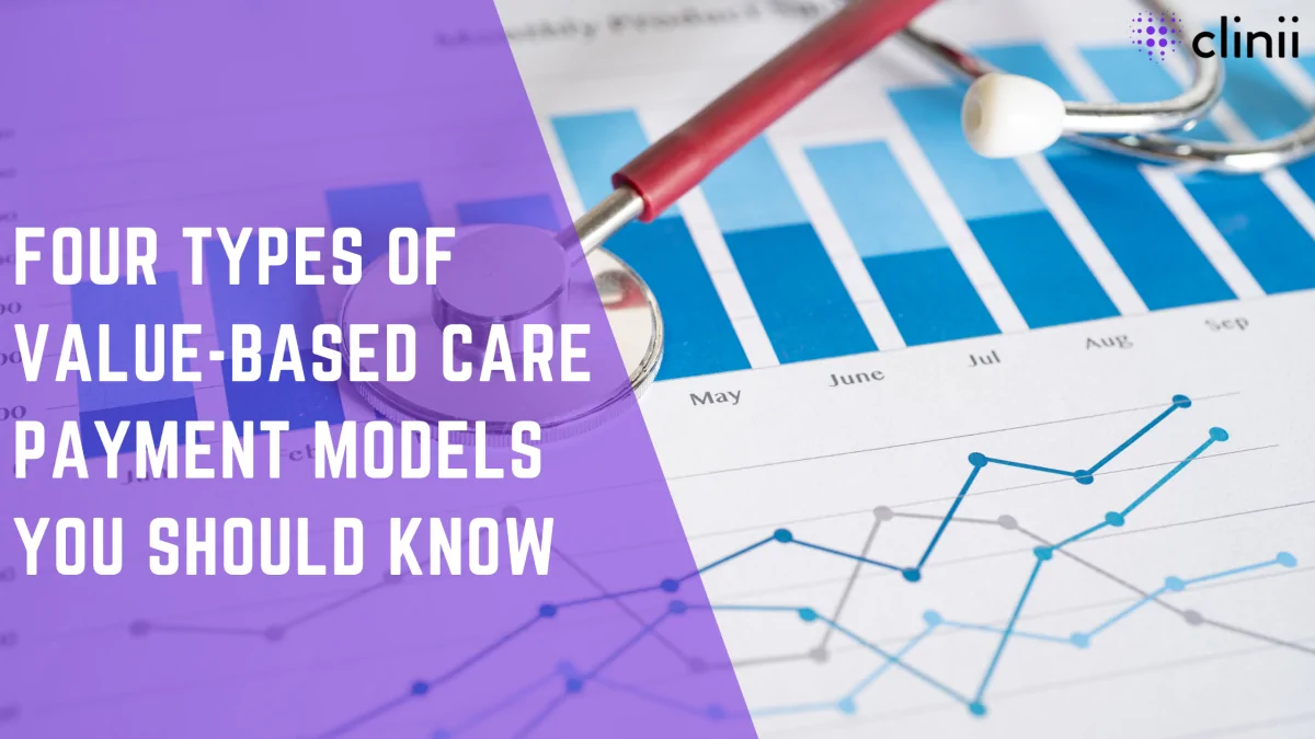 Stethoscope resting on printed healthcare bar and line charts showing monthly financial data; overlaid text reads “Four Types of Value-Based Care Payment Models You Should Know” with Clinii logo.