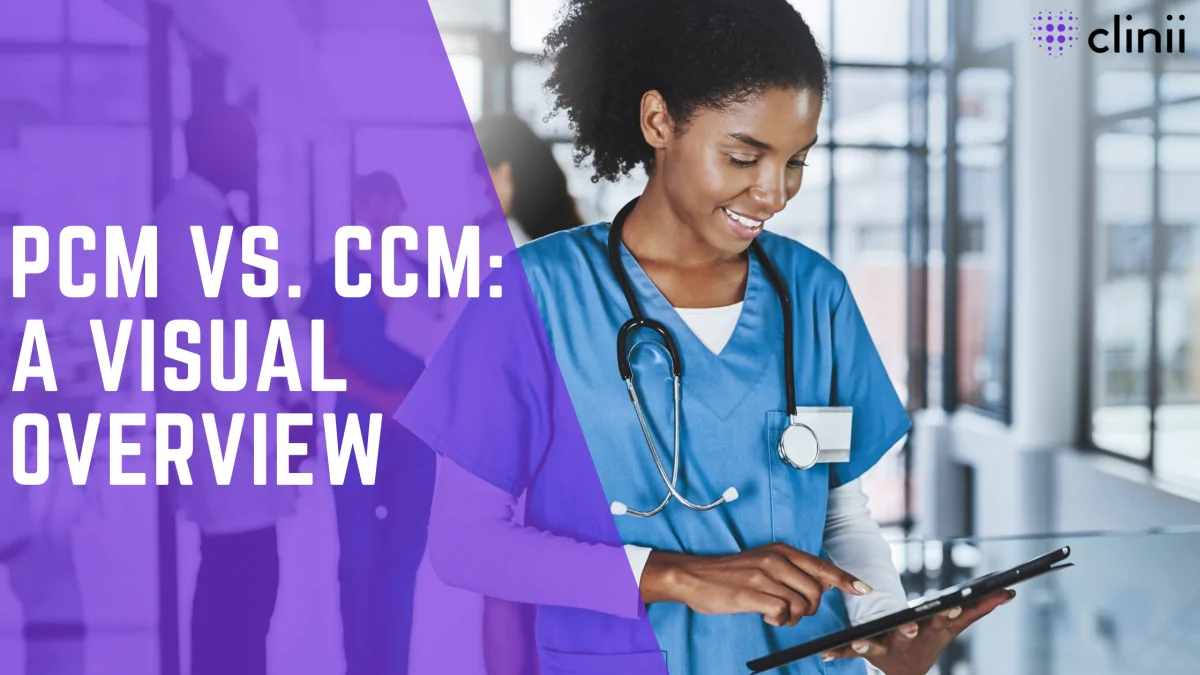 A smiling nurse in blue scrubs with a stethoscope around her neck uses a digital tablet in a brightly lit hospital setting, while the text on the left reads “PCM vs. CCM: A Visual Overview” in bold white letters over a purple overlay, with the Clinii logo in the top right corner.