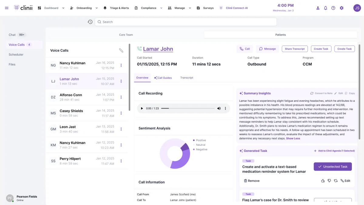 Clinii Connect-AI desktop view showing voice call details, call recording, sentiment analysis, summary insights, and generated tasks for patient care management.